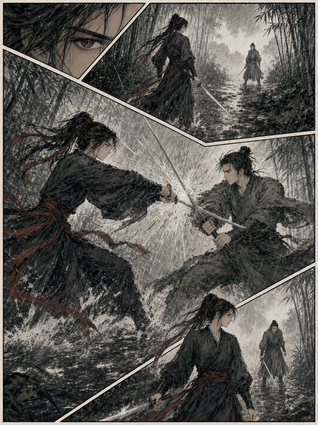 竹林中两位剑客交锋的水墨漫画样张