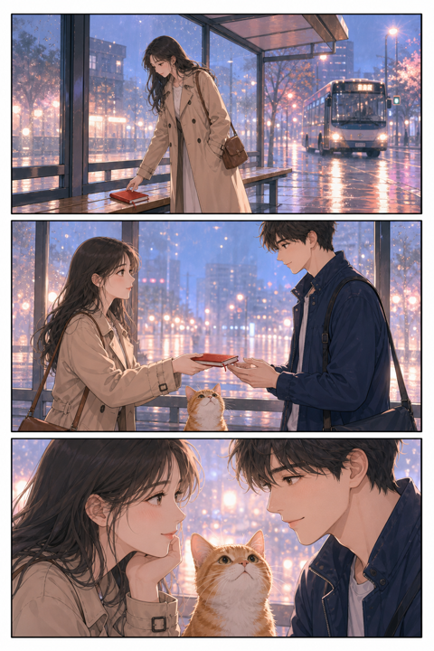 雨中相遇的漫画画面,用于体验对白编辑