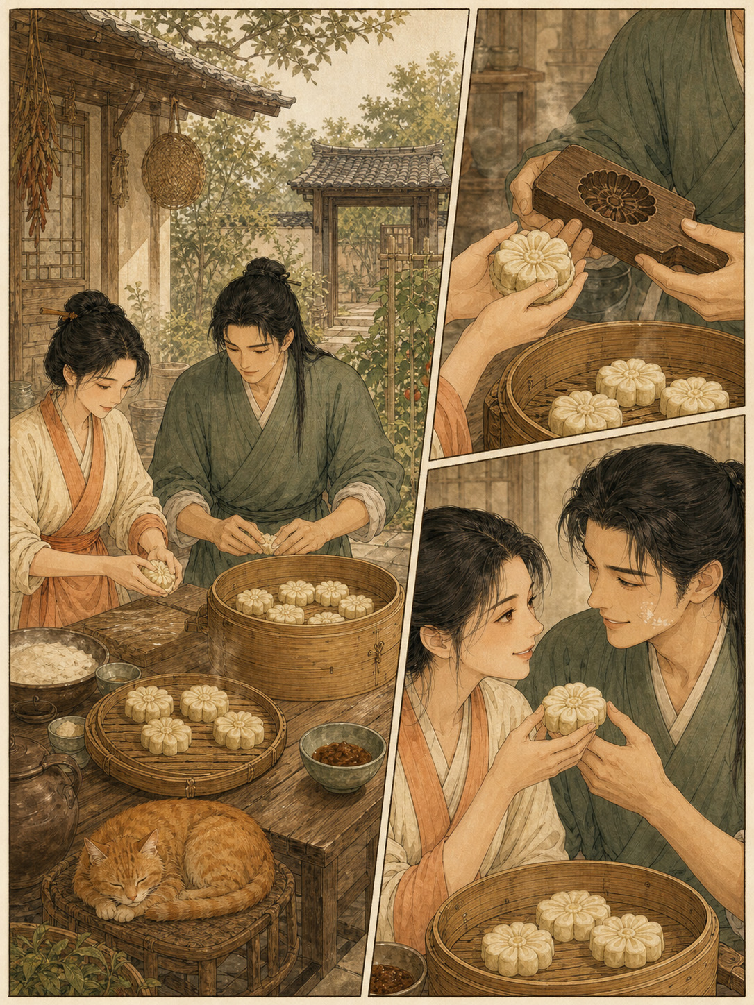 古风男女一起制作花糕、橘猫在旁休息的漫画样张