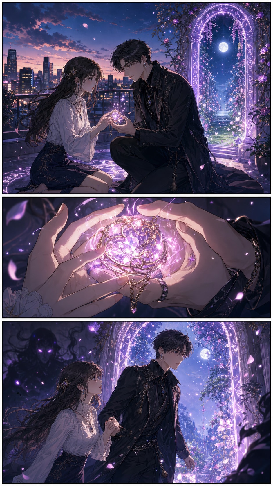 男女主角在紫色月光传送门前交换魔法怀表的漫画样张