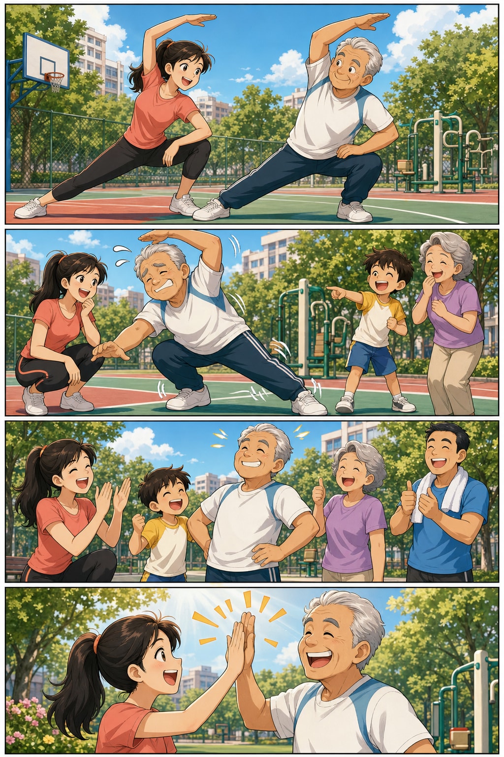 年轻女孩陪伴家人在晴天公园运动的温暖漫画样张